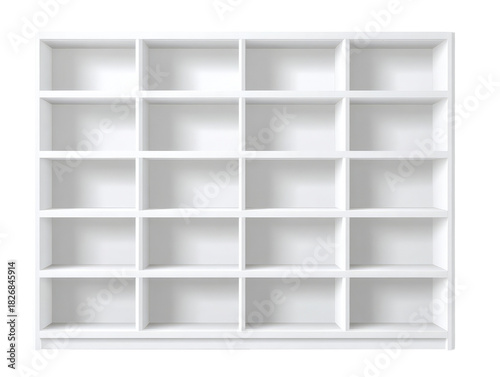A stark white, empty shelving unit, segmented into numerous cubical spaces, arranged symmetrically. Ideal for showcasing, displaying, or organizing