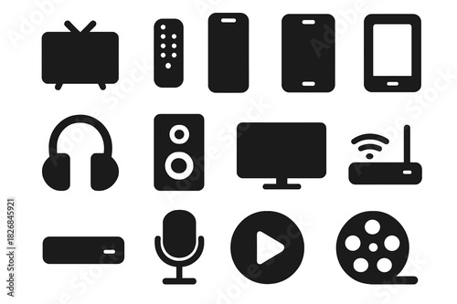 Media Devices Icons. Media devices. Solid icon set of media devices: TV, remote, smartphone, tablet, headphones, speaker, monitor, Wi-Fi router, console,