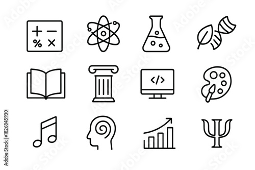 Academic Discipline Icons. Academic disciplines. Line icon set of academic disciplines: mathematics, physics, chemistry, biology, literature, history, computer