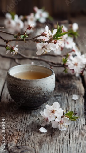 Cherry Blossoms and Tea Cup on Rustic Wooden Table in Springtime Setting