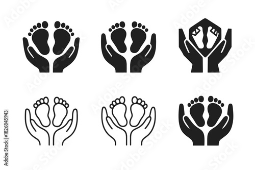 Baby Care Logos. Baby care. Icon set. Set Logo of baby care: Baby feet in adult hands. harmonious logo variations of the same emblematic concept, each with