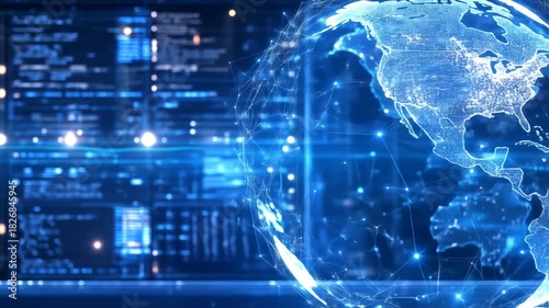 A luminous, digitized globe shows continents connected by lines, with code panels in the background