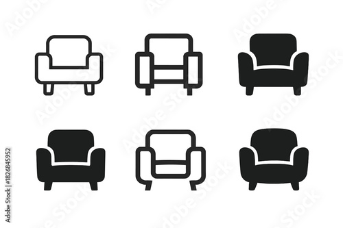 Armchair Logo Variations. Armchair armrest. Icon set. Set Logo of armchair design: upholstered seat with arms. harmonious logo variations of the same