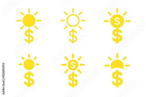 Renewable Energy Icons. renewable energy credits. Icon set. Set Logo of renewable energy credits: sun over dollar sign. harmonious logo variations of the same