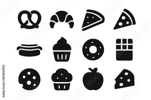 Snack Icon Grid. Snack foods. Solid icon set of Snack foods: pretzel, croissant, sandwich, pizza slice, hot dog, cupcake, donut, chocolate bar, cookie, muffin,
