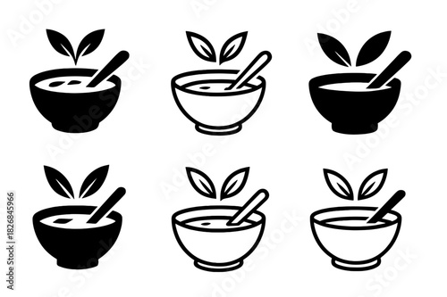 Home Cooking Logos. Home cooking. Icon set. Set Logo of home cooking: soup bowl with spoon and herbs. harmonious logo variations of the same emblematic