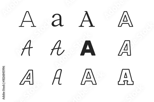 Alphabet A Line Icons. Alphabet letter A. Line icon set of letter A: capital A, lowercase a, serif A, sans-serif A, handwritten A, calligraphy A, bold A,