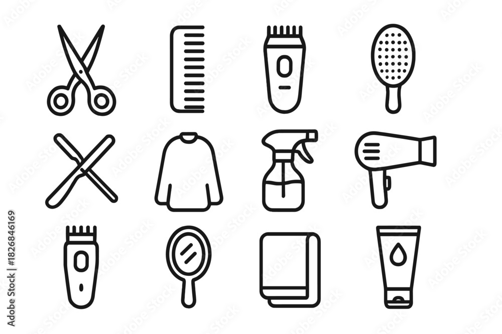 Obraz premium Hairdressing Icon Set. Hairdressing essentials. Line icon set of Hairdressing essentials: scissors, comb, hair clipper, hairbrush, razor, barber cape, spray