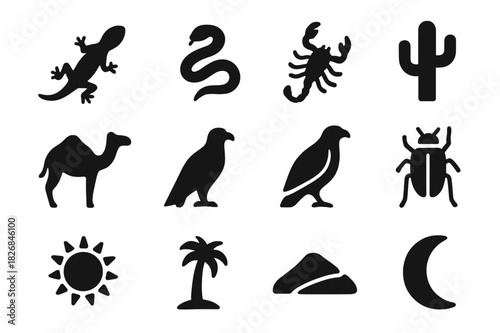 Desert Wildlife Icons. Desert Wildlife. Solid icon set of Desert Wildlife: lizard, snake, scorpion, cactus, camel, hawk, beetle, sun, dune, rock, palm, moon.