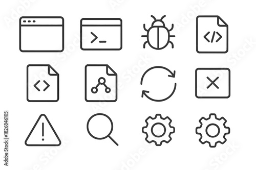 Browser Debugging Icons. Browser debugging. Line icon set of Browser debugging: browser window, console, bug, HTML file, CSS file, JavaScript file, network