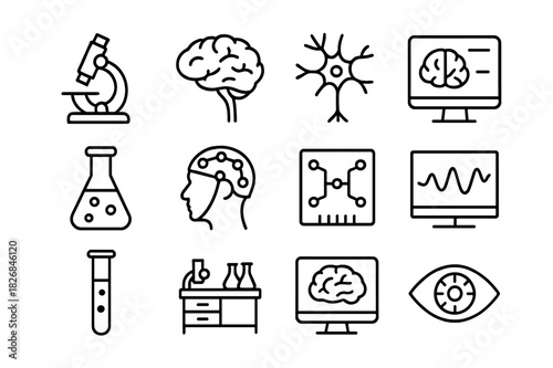 Neuroscience Icon Set. Neuroscience laboratory. Line icon set of neuroscience laboratory: microscope, brain, neuron, computer screen, lab flask, EEG cap,