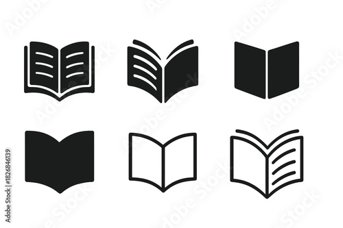 Open Book Logos. Open book. Icon set. Set Logo of open book: Book with page lines. harmonious logo variations of the same emblematic concept, each with