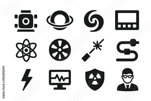 Fusion Reactor Icons. Fusion reactor. Solid icon set of fusion reactor: reactor core, magnetic ring, plasma swirl, control panel, atom symbol, turbine, laser