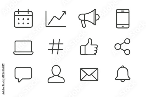 Marketing Icons Grid. Marketing campaign overview. Line icon set of Marketing campaign overview: calendar, analytics graph, megaphone, smartphone, laptop,