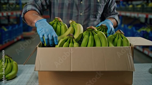 A worker's gloved hands place bananas in a box