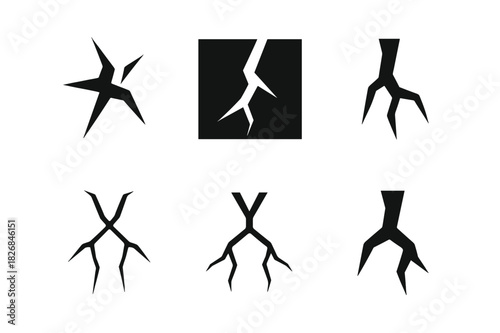 Crack Logo Variations. Crack. Icon set. Set Logo of crack: crack in pavement. harmonious logo variations of the same emblematic concept (Abstract geometric,
