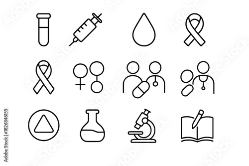 STI Awareness Icons. STI Awareness. Line icon set of STI Awareness: test tube, syringe, blood drop, condom, HIV ribbon, genital health, doctor consultation,