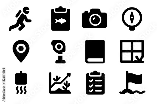Reef Monitoring Icons. Reef monitoring. Solid icon set of Reef monitoring: diver icon, data sheet, underwater camera, measuring device, GPS tracker,