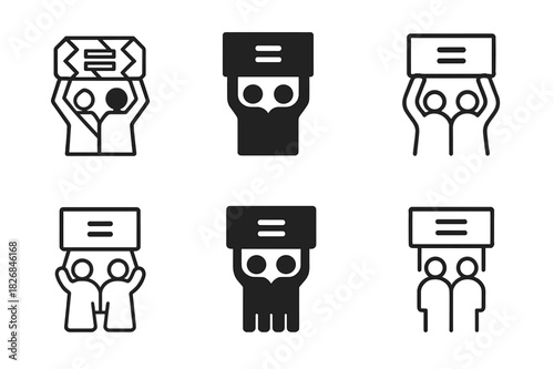 Equal Pay Icons. Demand for equal pay. Icon set. Set Logo of demand for equal pay: People holding equality banner. harmonious logo variations of the same