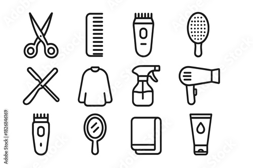 Hairdressing Icon Set. Hairdressing essentials. Line icon set of Hairdressing essentials: scissors, comb, hair clipper, hairbrush, razor, barber cape, spray