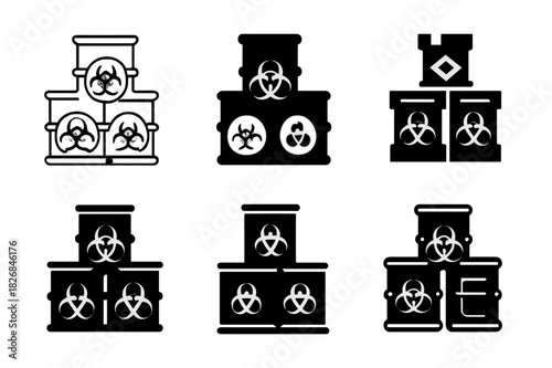 Toxic Waste Logos. toxic waste barrels. Icon set. Set Logo of toxic waste barrels: stacked barrels with hazard symbol. harmonious logo variations of the same