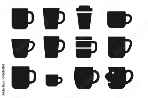 Mug Icons Collection. Mug types. Solid icon set of Mug types: classic mug, tall mug, travel mug, camp mug, latte mug, glass mug, ceramic mug, bamboo mug,