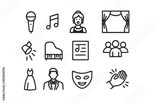 Opera Icon Set. Opera singer. Line icon set of opera singer: microphone, music note, performer, stage curtain, spotlight, grand piano, sheet music, audience,