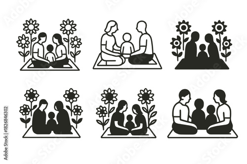 Sunflower Picnic Logos. family picnic at sunflower fields. Icon set. Set Logo of family picnic at sunflower fields: family sitting on blanket. harmonious logo