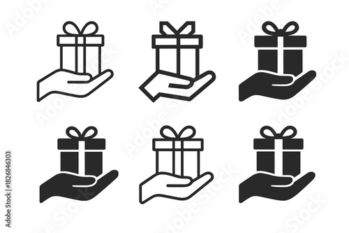 Gift Logo Variations. Present. Icon set. Set Logo of present: hand offering a box. harmonious logo variations of the same emblematic concept, each with