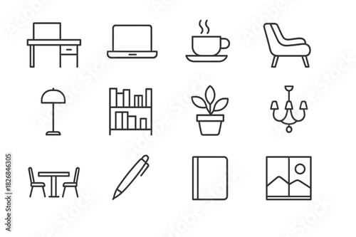 Luxury Coworking Icons. Luxury coworking spaces. Line icon set of luxury coworking spaces: desk, laptop, coffee cup, lounge chair, lamp, bookshelf, plant,