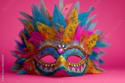 Colorful Feathered Mask Displayed on a Bright Pink Background in a Festive Se...