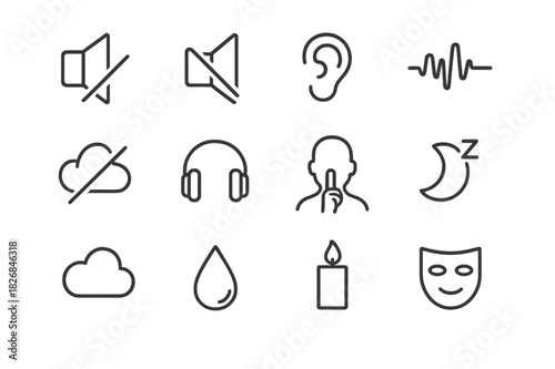 No Sound Icons. No sound. Line icon set of no sound: mute icon, crossed speaker, ear, waveform with line, bell with slash, headphone, silence sign, sleeping