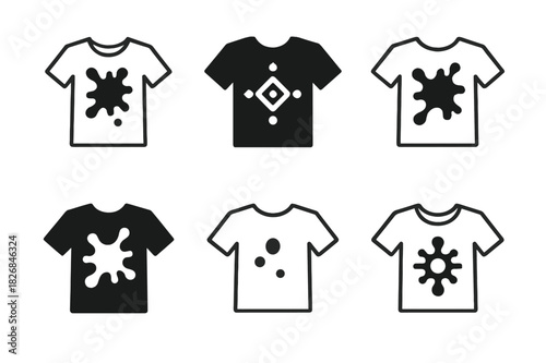 Stained Shirt Logos. Stained shirt. Icon set. Set Logo of stained shirt: t-shirt with ink splatter. harmonious logo variations of the same emblematic concept,