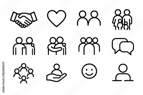 Human Connection Icons. Human relationships. Line icon set of human relationships: handshake, heart, two people, family, friends, hug, group, chat bubbles,
