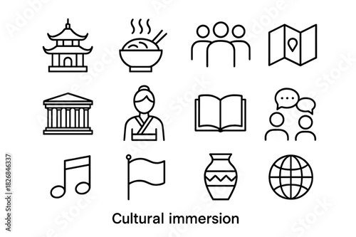 Cultural Icon Set. Cultural immersion. Line icon set of cultural immersion: temple, local food, people group, map, landmark, traditional dress, book,