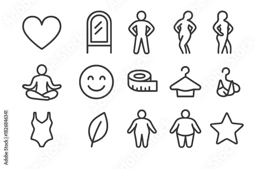 Body Positivity Icons. Body positivity. Line icon set of body positivity: heart, mirror, confident person, curve figure, yoga pose, smiling face, tape measure,