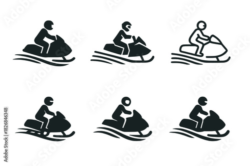 Snowmobile Icon Variations. people riding snowmobiles across snowy fields. Icon set. Set Logo of people riding snowmobiles across snowy fields: snow trail