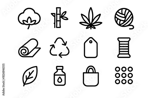 Sustainable Materials Icons. Sustainable materials. Line icon set of sustainable materials: cotton plant, bamboo stalk, hemp leaf, wool ball, fabric roll,