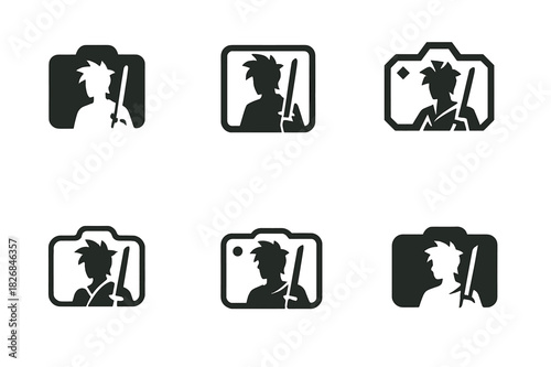 Cosplay Logo Variations. Cosplay photography studio. Icon set. Set Logo of cosplay photography: creative frame composition. harmonious logo variations of the