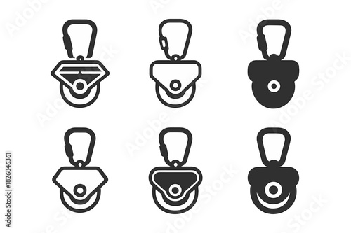 Zip Line Pulley Icons. zip line pulley. Icon set. Set Logo of zip line pulley: carabiner clip. harmonious logo variations of the same emblematic concept, each