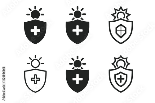 Skin Protection Icons. Skin and protection. Icon set. Set Logo of skin and protection: shield and sun rays. harmonious logo variations of the same emblematic