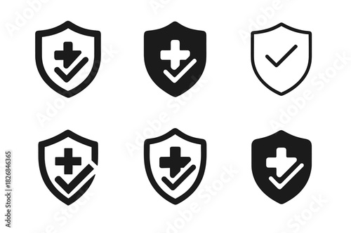Health Audit Logos. Health Audits. Icon set. Set Logo of Health Audits: shield with medical checkmark. harmonious logo variations of the same emblematic
