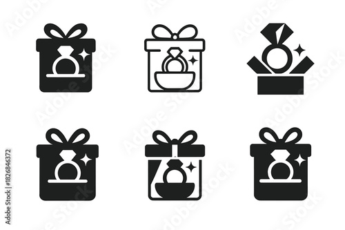 Surprise Ring Logos. Surprise ring box. Icon set. Set Logo of surprise ring box: gift box with ring sparkle. harmonious logo variations of the same emblematic
