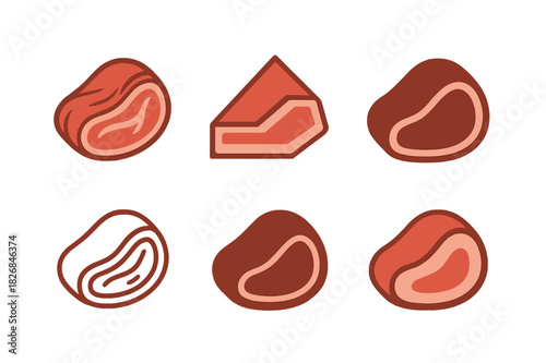 Tender Meats Icons. tender meats. Icon set. Set Logo of tender meats: cooked roast slice. harmonious logo variations of the same emblematic concept, each with