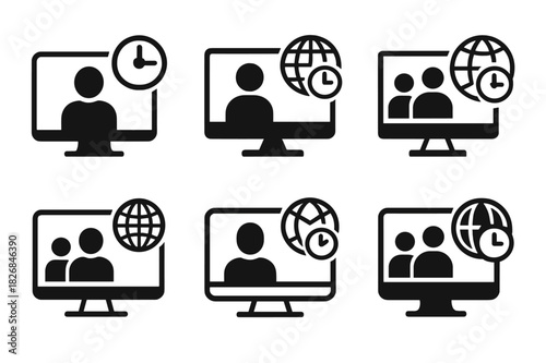 Virtual Meeting Logos. Virtual meetings with global team members. Icon set. Set Logo of virtual meeting: synchronized time zones interface. harmonious logo