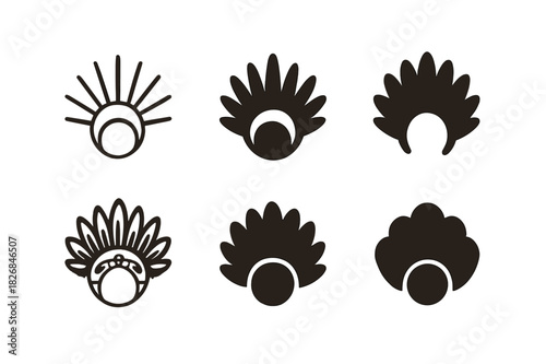 Ceremonial Headdress Icons. Ethnic heritage. Icon set. Set Logo of ceremonial headdress. harmonious logo variations of the same emblematic concept (Minimal