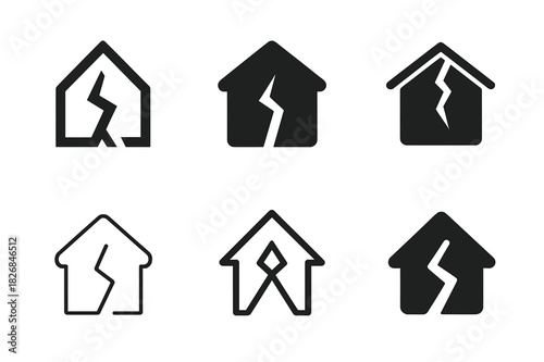 Earthquake Hazard Icons. Earthquake hazards. Icon set. Set Logo of earthquake hazards: Cracked house symbol. harmonious logo variations of the same emblematic