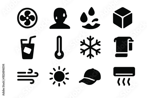 Body Cooling Icons. Body cooling. Solid icon set of body cooling: fan, sweating person, water splash, ice cube, cold drink, thermometer, snowflake, towel,