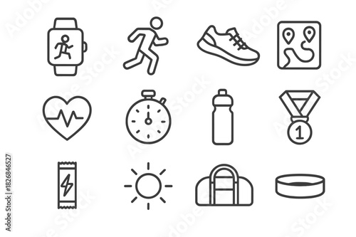 Running Tracker Icons. Running tracker. Line icon set of running tracker: smartwatch, runner, sneakers, route map, heart rate, stopwatch, water bottle, medal,