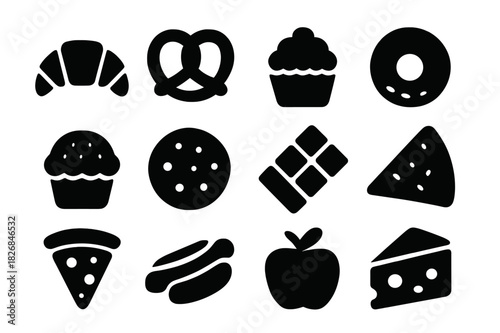Baked Goods Icons. Baked goods. Solid icon set of Baked goods: croissant, pretzel, cupcake, donut, muffin, cookie, chocolate bar, sandwich, pizza slice, hot